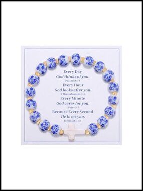 Blue White Ceramic Porcelain Bead Cross Bracelet Christian Inspirational